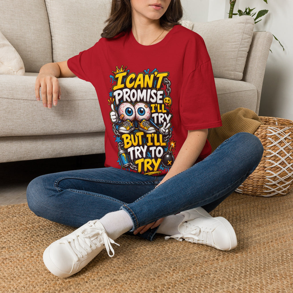 I Can't Promise I'll Try Graphic Adult T-Shirt — Funny Motivational Casual Tee
