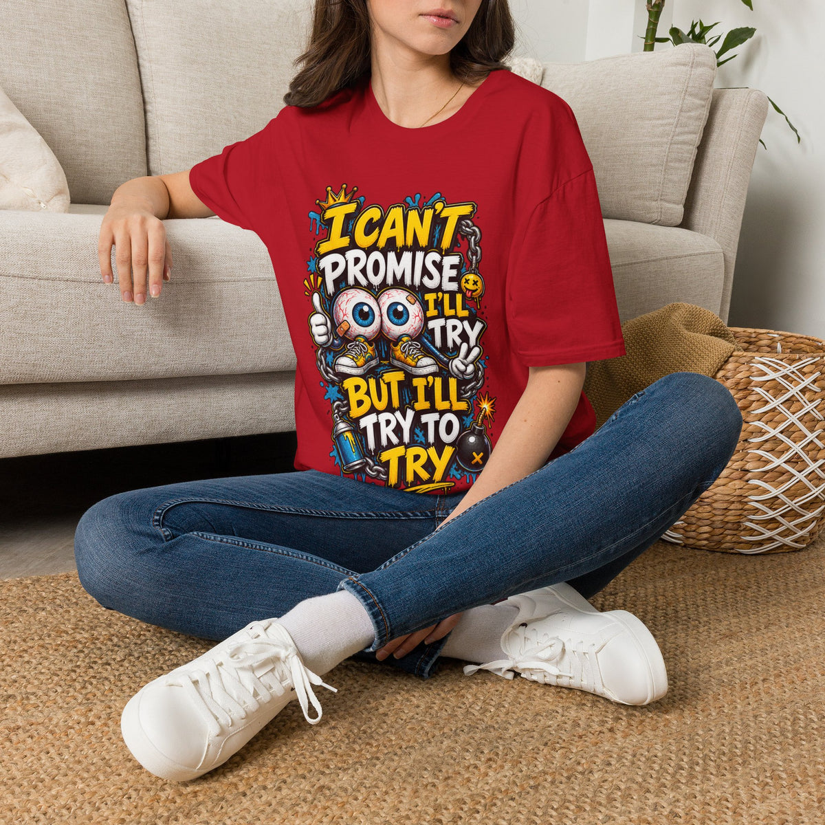 I Can't Promise I'll Try Graphic Adult T-Shirt — Funny Motivational Casual Tee
