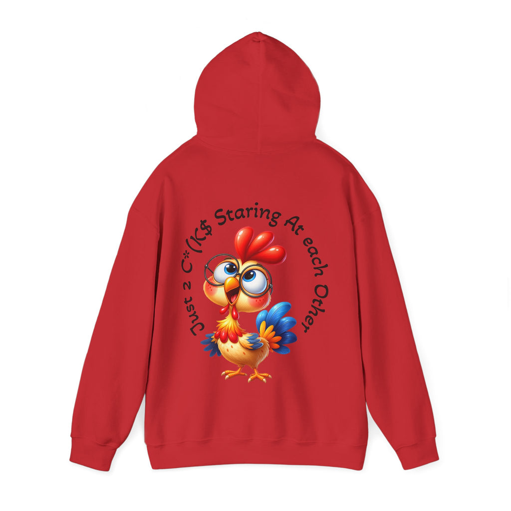 Adult Hoodie — Cute Cartoon Chicken “Just 2 C*#ks Staring At Each Other” Funny Graphic Hoodie