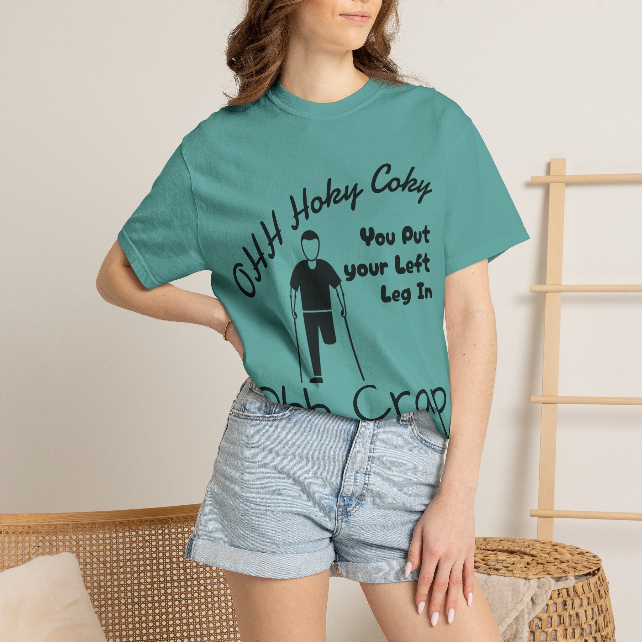 Ohh Hokey Cokey Prosthetic Leg Adult T-Shirt — "You Put Your Left Leg In, Ohh Crap" Funny Disability Humor Tee