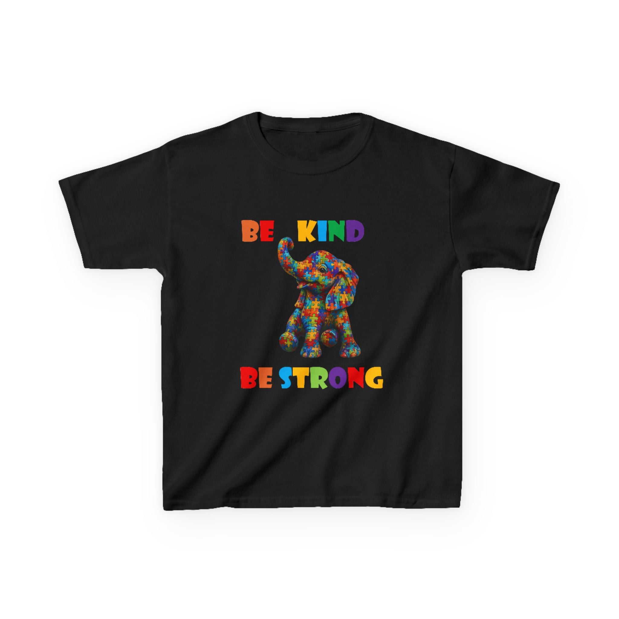 Colorful Patchwork Elephant Be Kind Be Strong Kids Tee | Rainbow Animal Shirt
