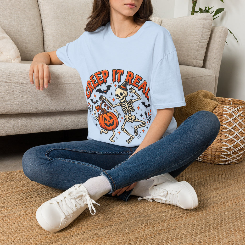 Creep It Real Halloween Adult T-Shirt — Dancing Skeleton & Pumpkin Graphic