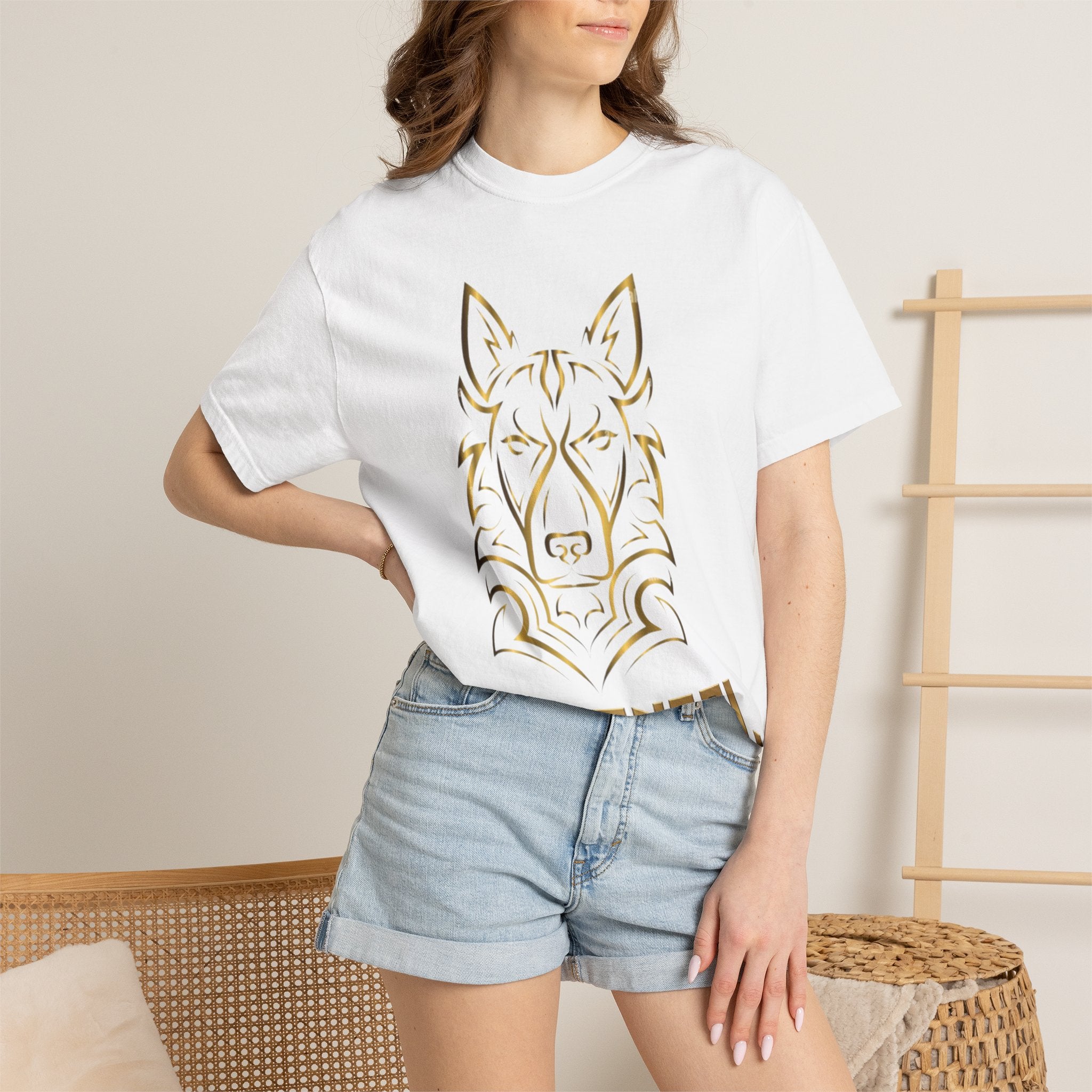 The Angel Wolf Adult T-Shirt — Gold Line Art Graphic Tee