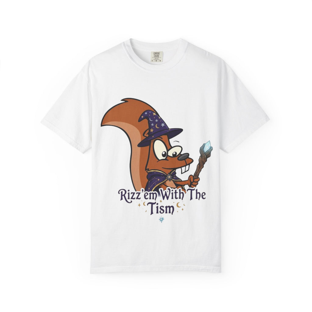 Wizard Squirrel Adult T-Shirt — "Rizz 'em With The Tism" Cute Magic Cartoon Tee