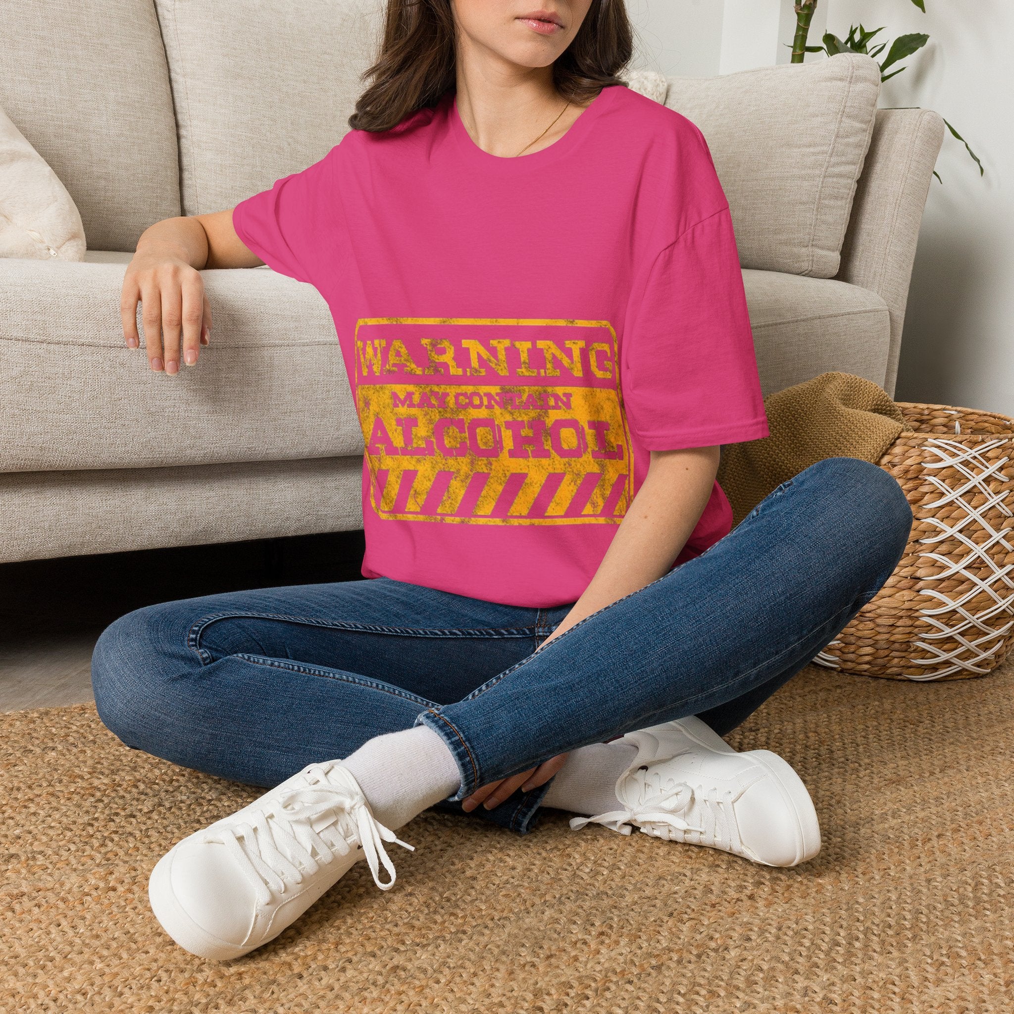 Adult T-Shirt — "WARNING: May Contain Alcohol" Distressed Graphic Tee