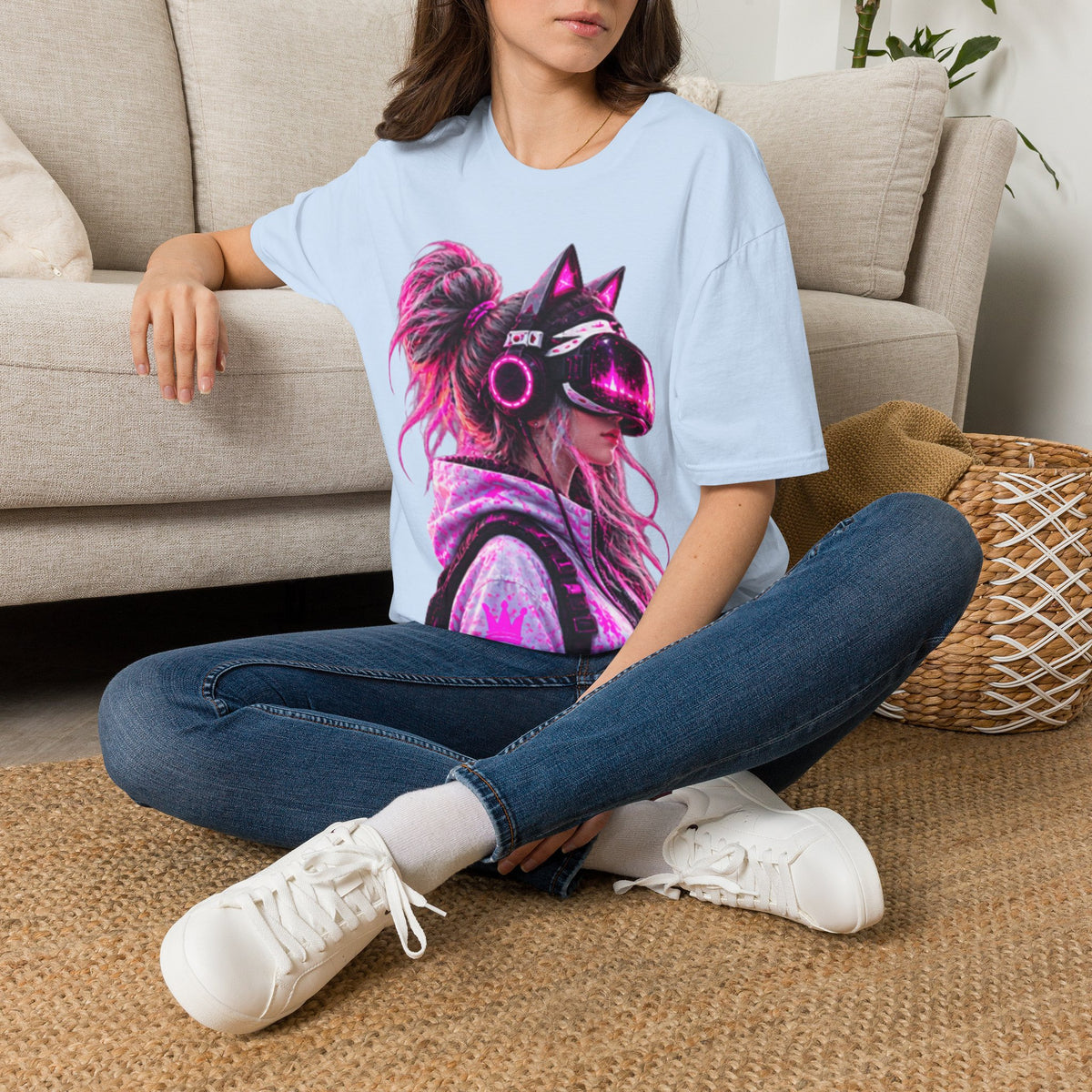 Cat VR Gamer Adult T‑Shirt — Neon Pink Cyberpunk Kitty Gamer Tee