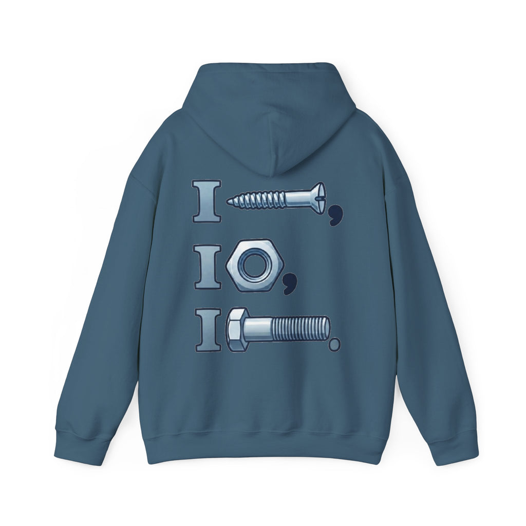 Screw, Nut, Bolt Adult Hoodie — Mechanical Pun Graphic Hooded Sweatshirt