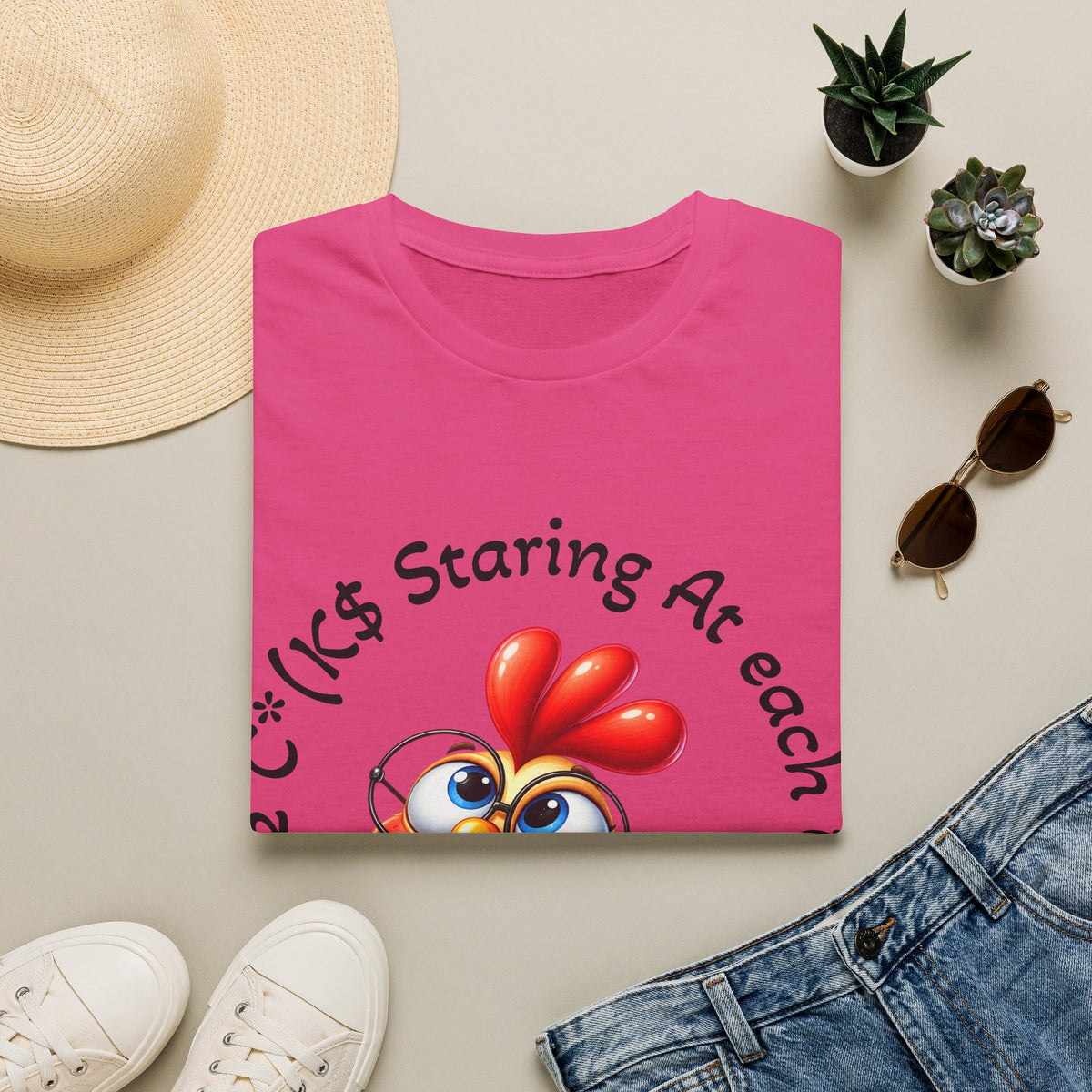 Chicken Cartoon Adult T-Shirt — "Staring At Each Other" Cute Funny Graphic Tee