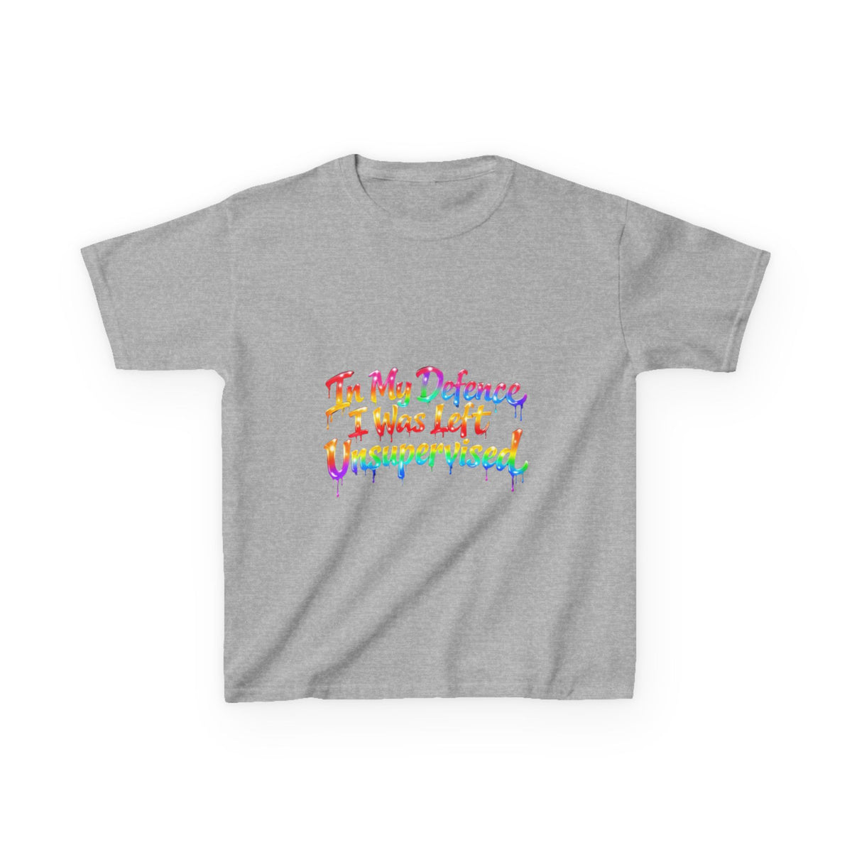 Kids Tee — "In My Defence I Was Left Unsupervised" Rainbow Drip Graphic