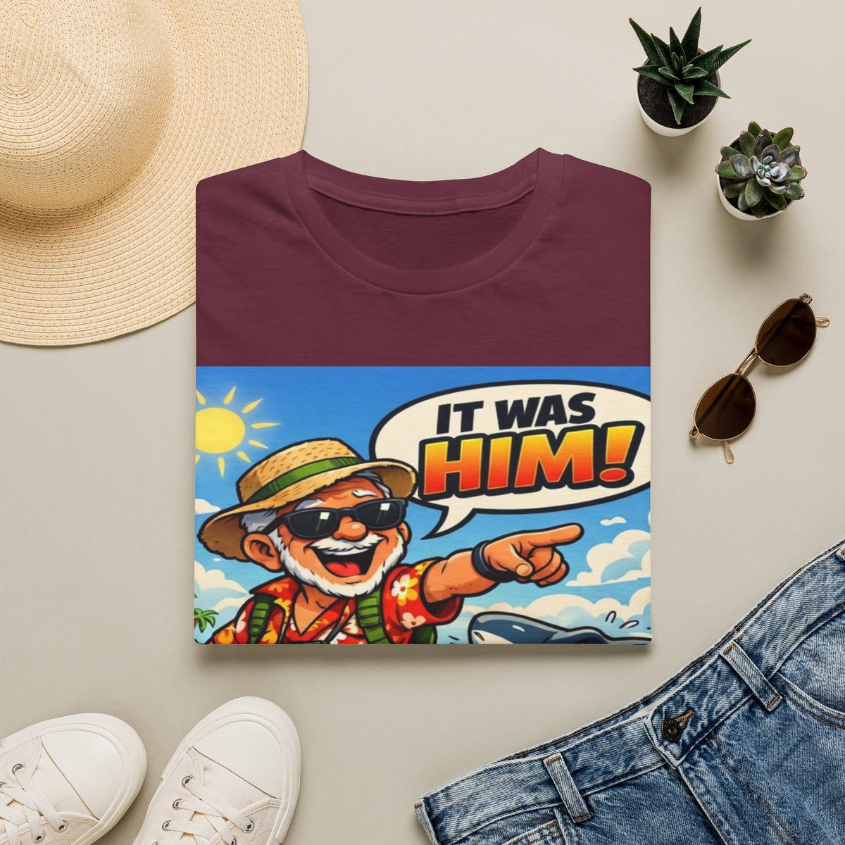 Adult T-Shirt — Retro Vacation Shark 'It Was Him!' Graphic Tee