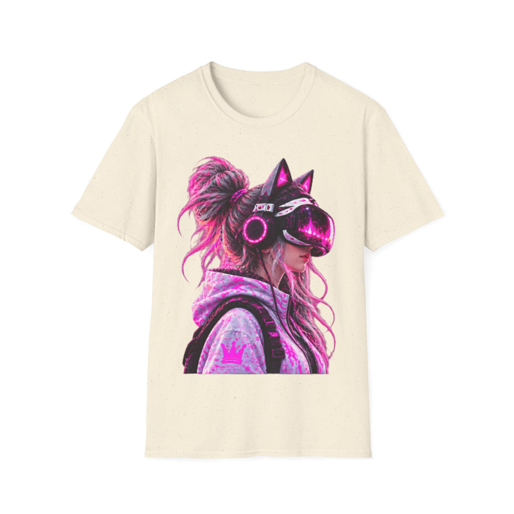 Cat VR Gamer Adult T‑Shirt — Neon Pink Cyberpunk Kitty Gamer Tee