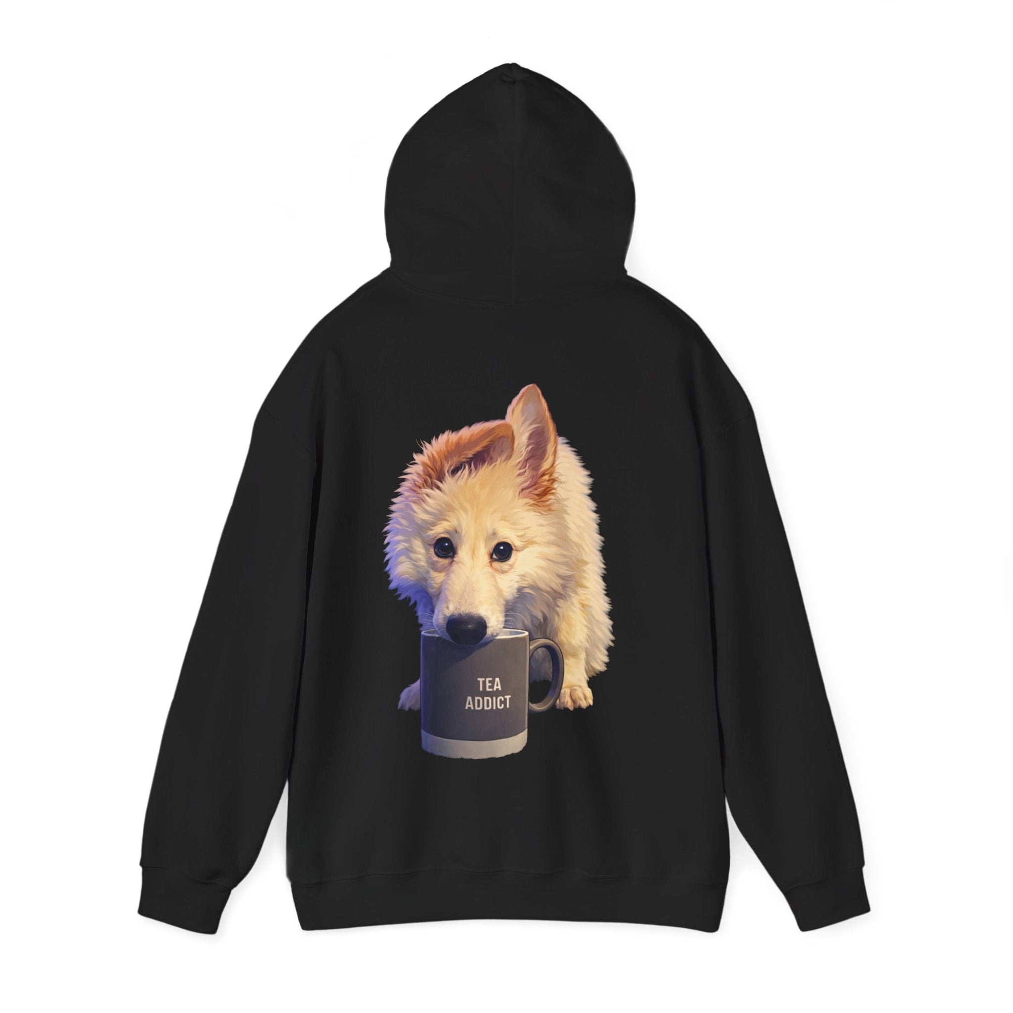 Cute Fluffy Dog With Tea Mug Adult Hoodie | Dog Illustration Sweatshirt