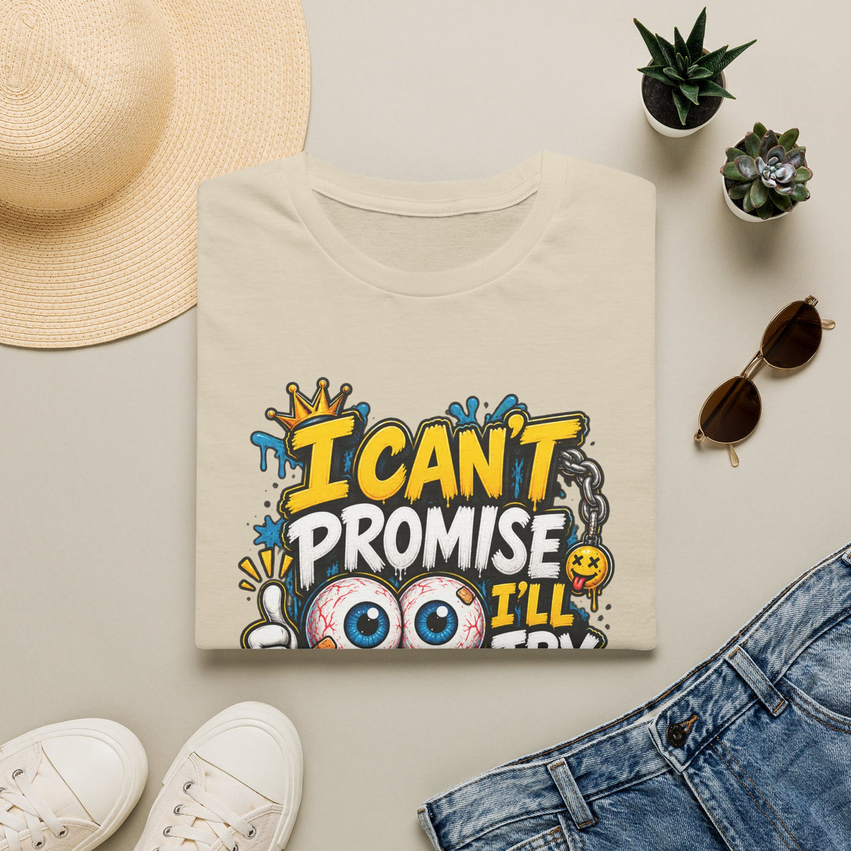 I Can't Promise I'll Try Graphic Adult T-Shirt — Funny Motivational Casual Tee