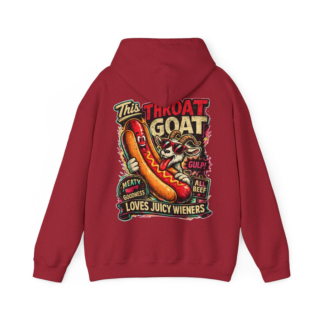 Hot Dog Goat Adult Hoodie - "This Throat Goat Loves Juicy Wieners" Graphic Hooded Sweatshirt