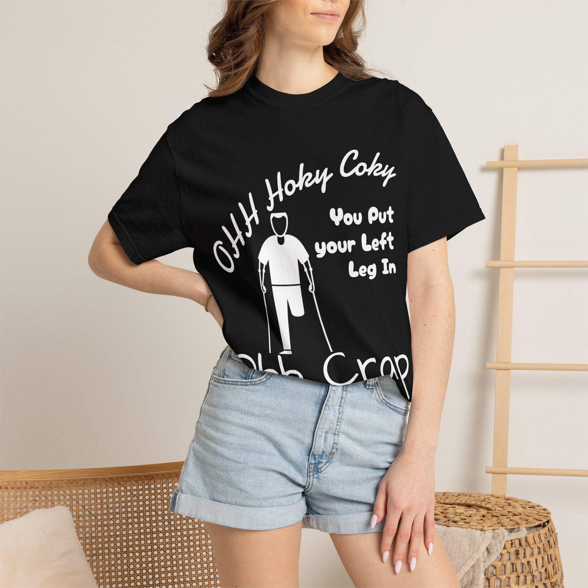 Ohh Hokey Cokey Prosthetic Leg Adult T-Shirt — "You Put Your Left Leg In, Ohh Crap" Funny Disability Humor Tee