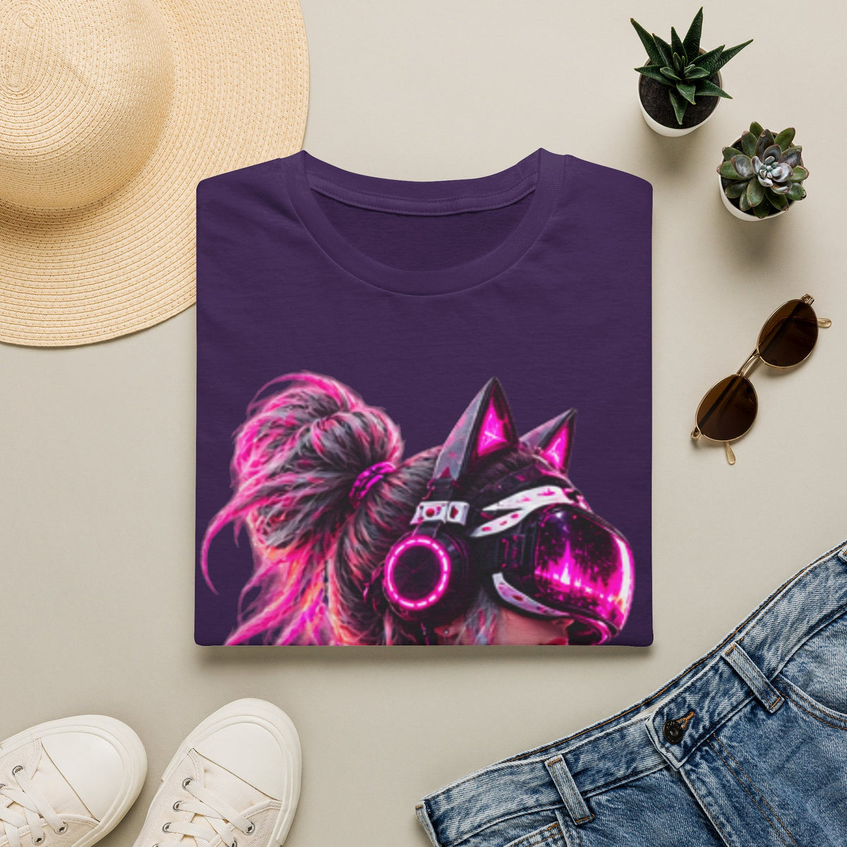 Cat VR Gamer Adult T‑Shirt — Neon Pink Cyberpunk Kitty Gamer Tee