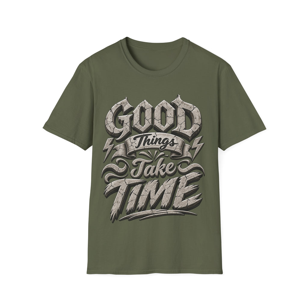 Adult T-Shirt — 'Good Things Take Time' Vintage Script Graphic Tee