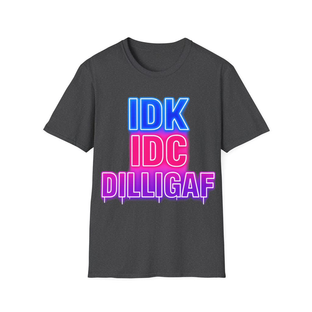 IDK IDC Dilligaf Graphic Adult T-Shirt – Neon Retro Statement Tee
