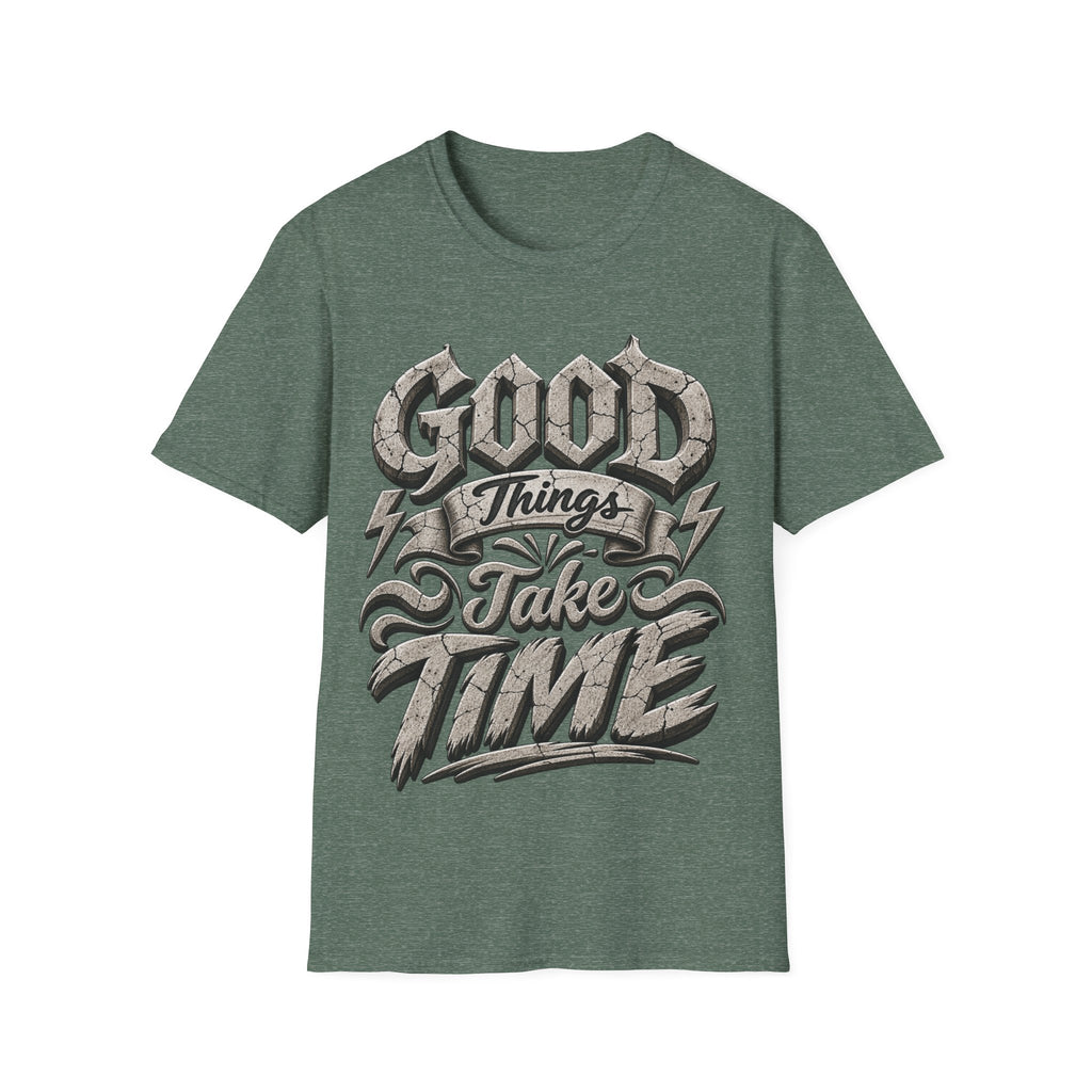 Adult T-Shirt — 'Good Things Take Time' Vintage Script Graphic Tee