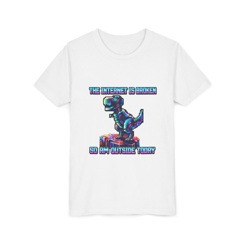 Kids T shirt — Retro Robot Dino “The Internet Is Broken So I’m Outside Today”