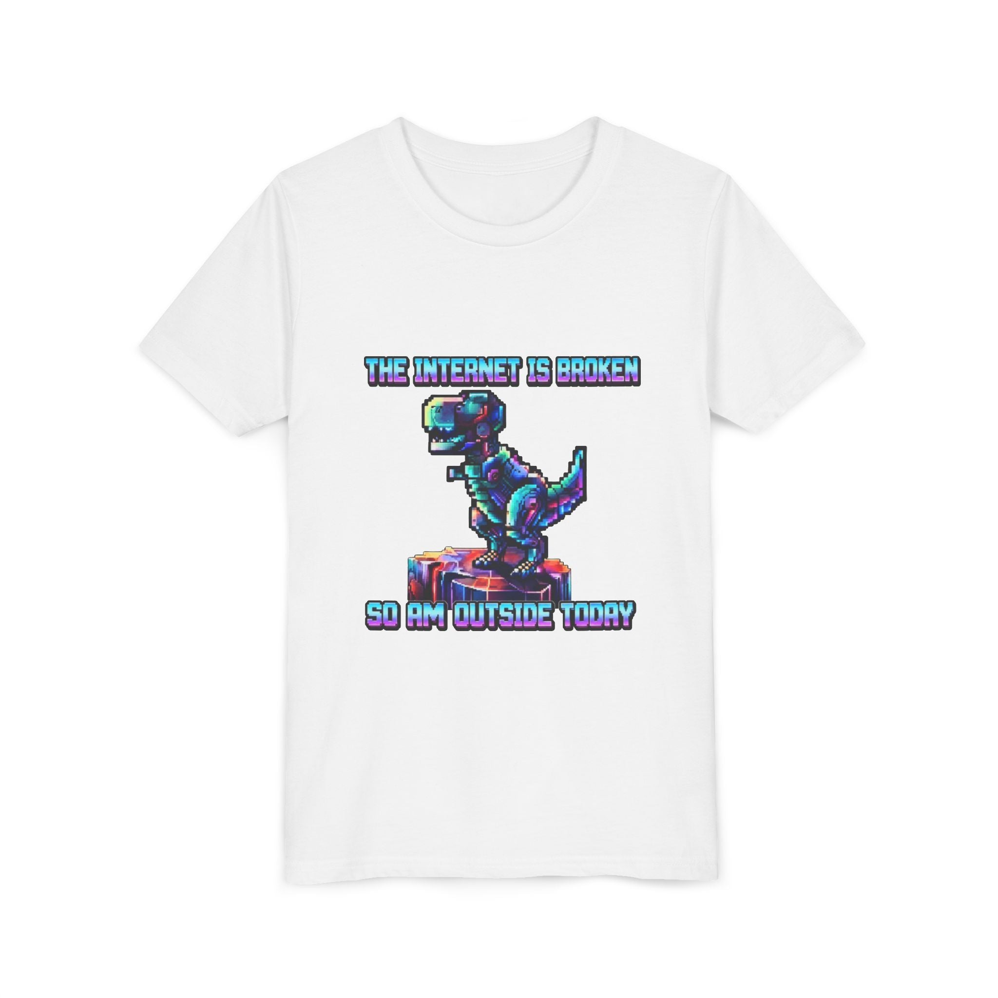 Kids T shirt — Retro Robot Dino “The Internet Is Broken So I’m Outside Today”