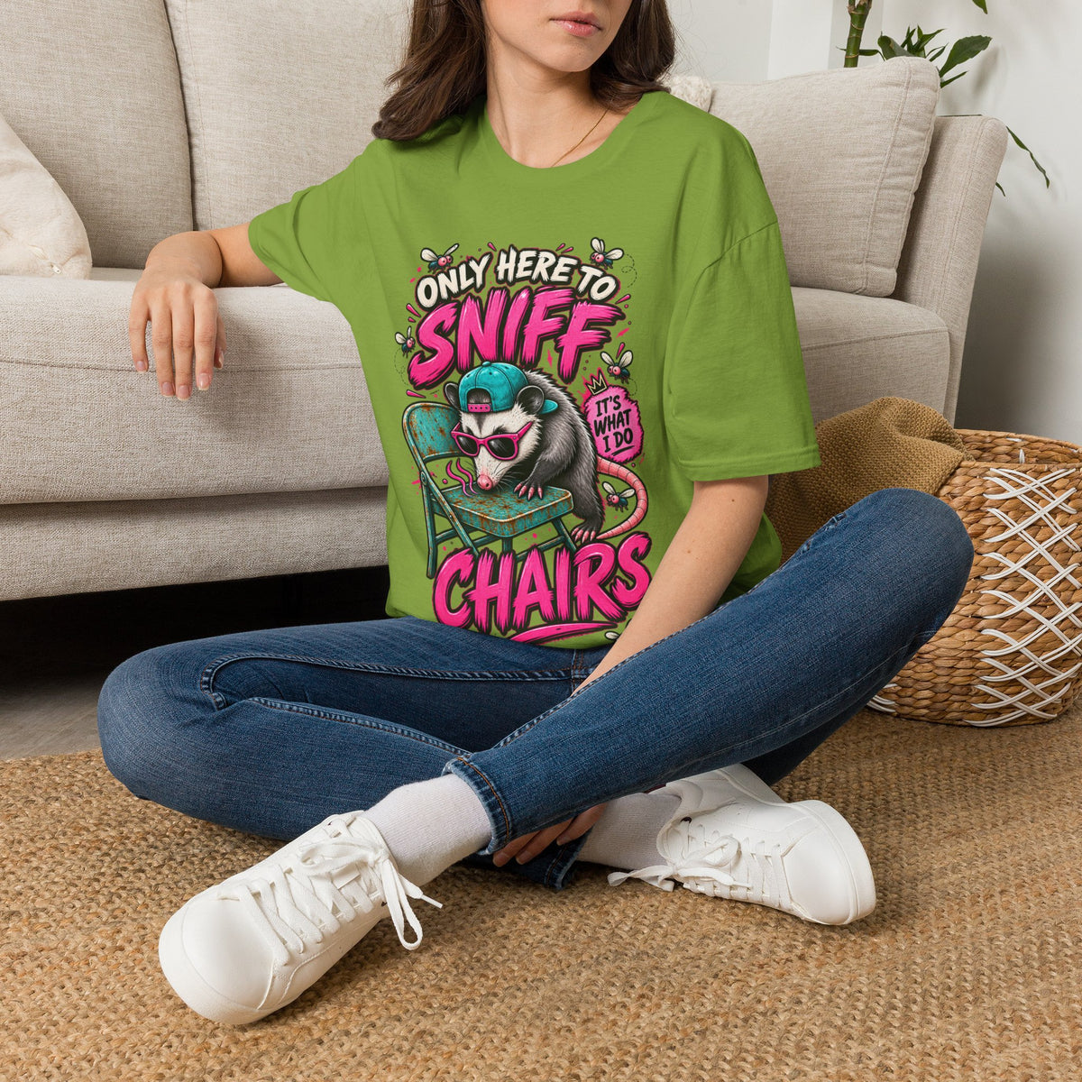 Adult T-Shirt — "Only Here to Sniff Chairs" Cute Ferret Graphic Tee