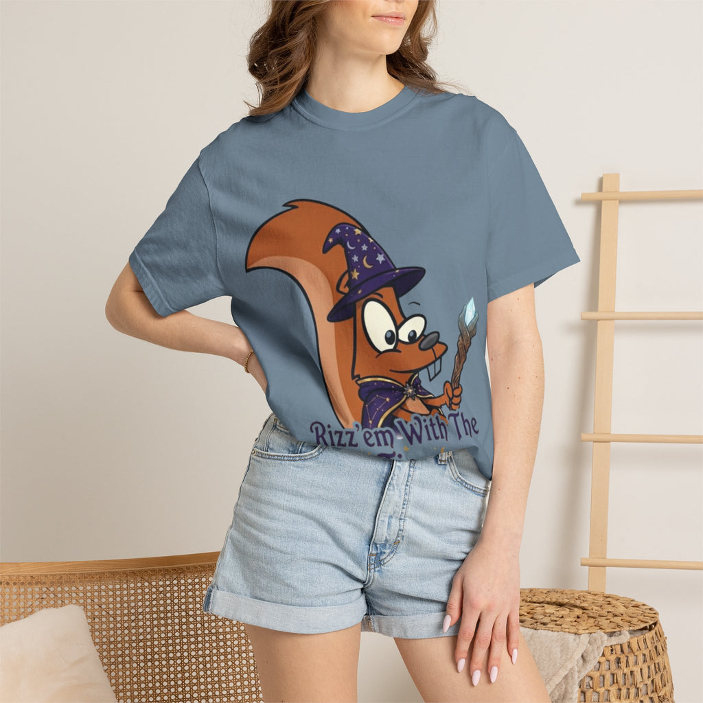 Wizard Squirrel Adult T-Shirt — "Rizz 'em With The Tism" Cute Magic Cartoon Tee