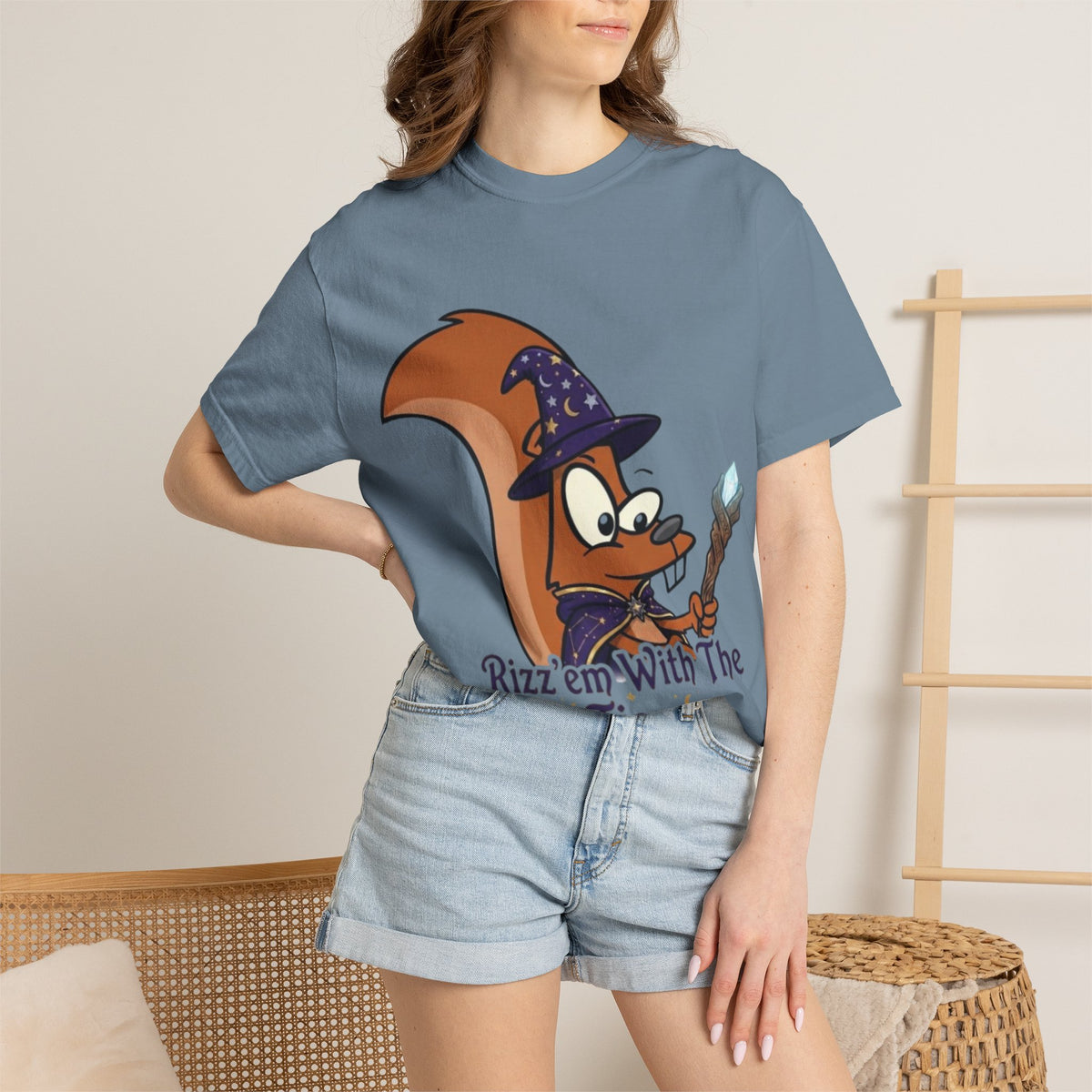Wizard Squirrel Adult T-Shirt — "Rizz 'em With The Tism" Cute Magic Cartoon Tee