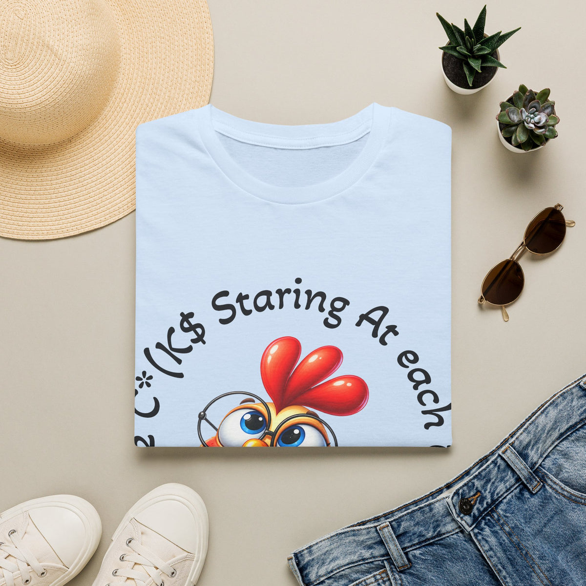 Chicken Cartoon Adult T-Shirt — "Staring At Each Other" Cute Funny Graphic Tee