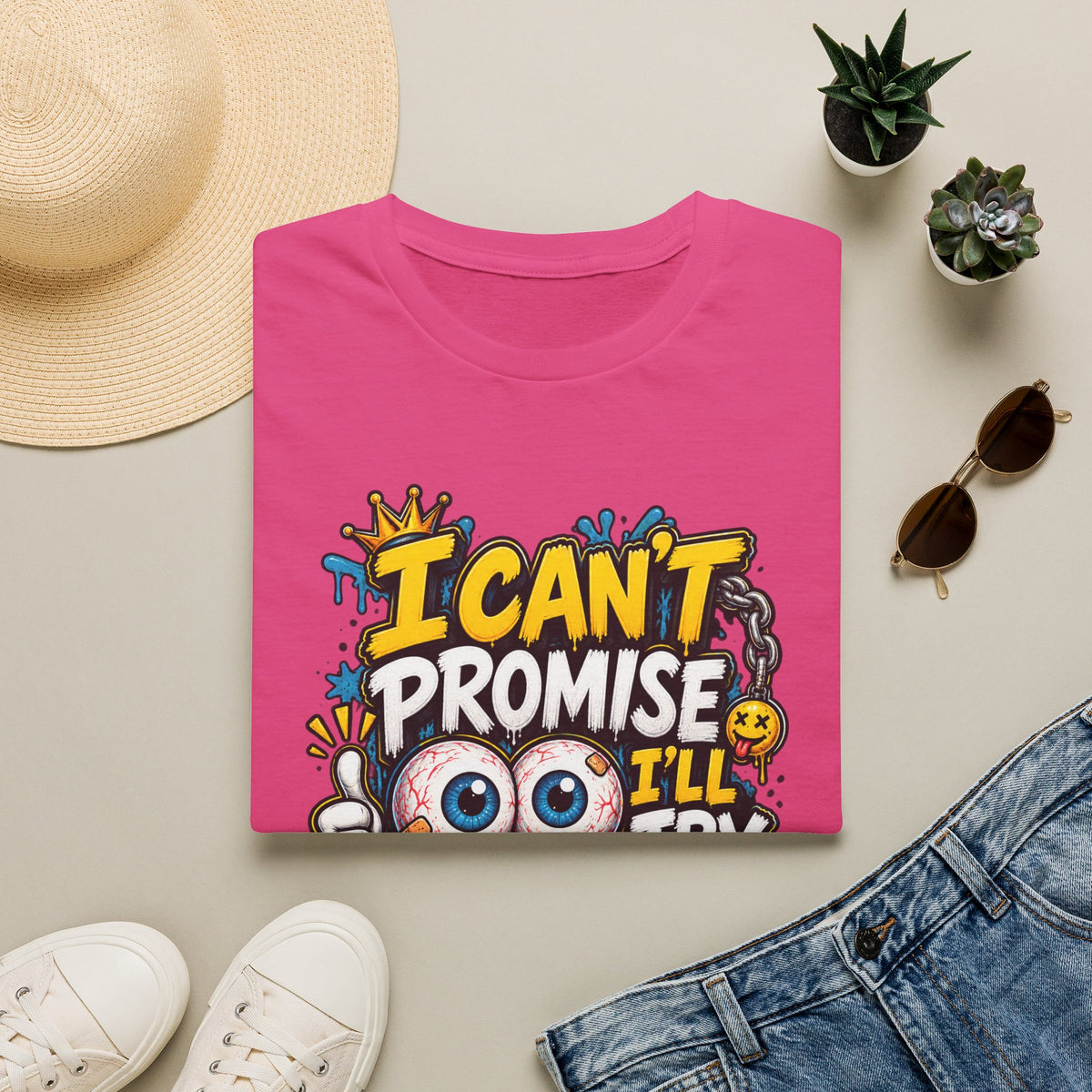 I Can't Promise I'll Try Graphic Adult T-Shirt — Funny Motivational Casual Tee