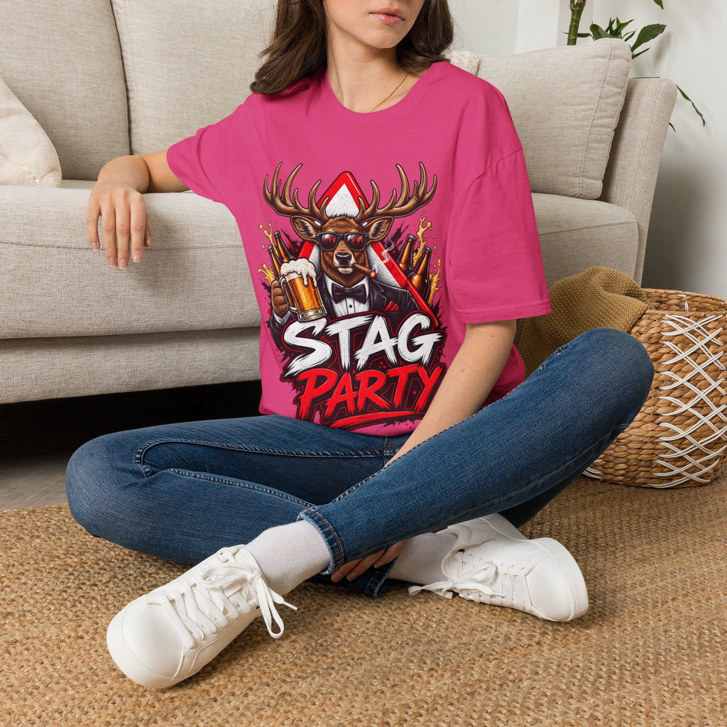 Stag Party Adult T-Shirt — Funny Beer-Drinking Deer Graphic Tee for Bachelor Parties