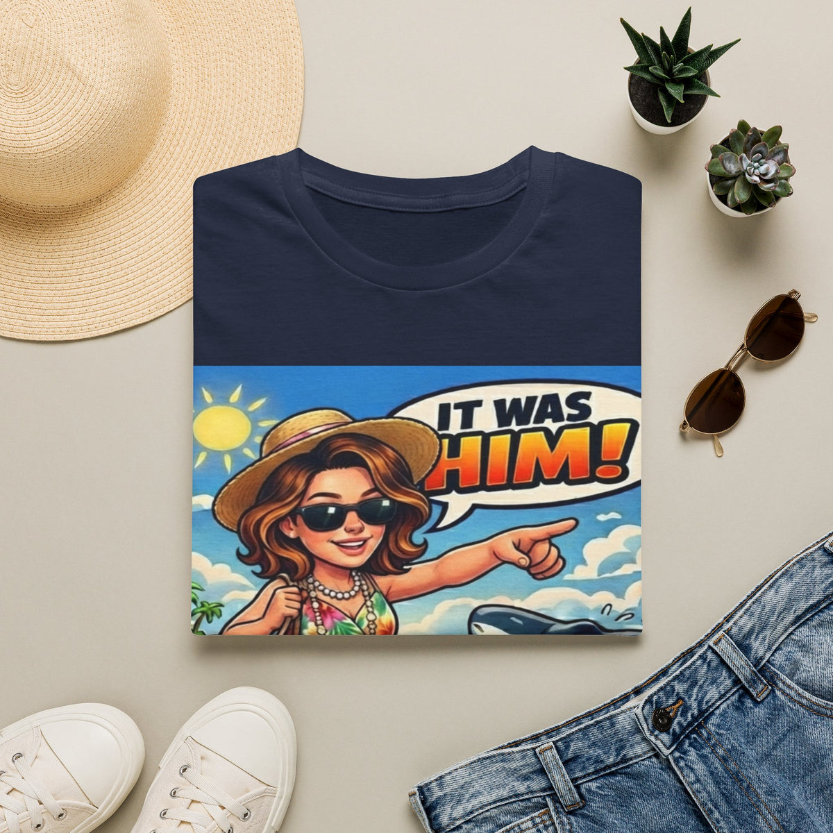 Adult T-Shirt — 'It Was Him!' Beach Shark Graphic Tee