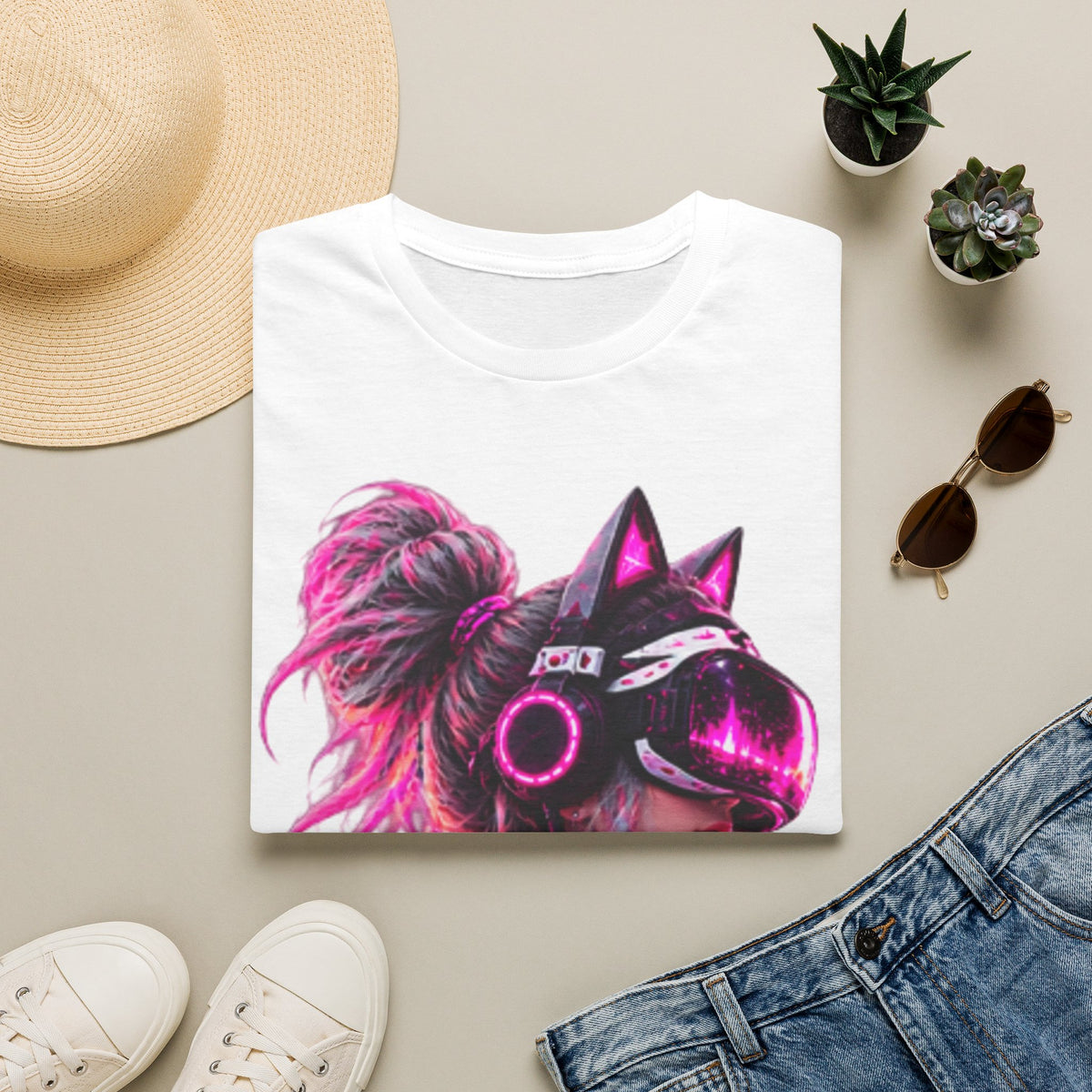 Cat VR Gamer Adult T‑Shirt — Neon Pink Cyberpunk Kitty Gamer Tee