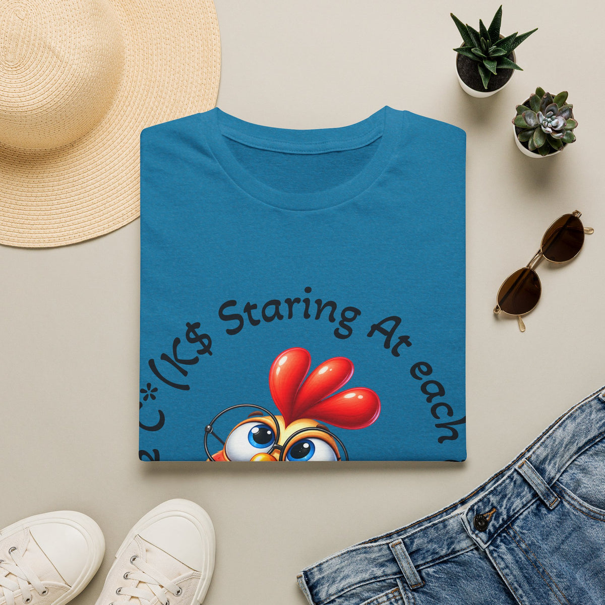 Chicken Cartoon Adult T-Shirt — "Staring At Each Other" Cute Funny Graphic Tee