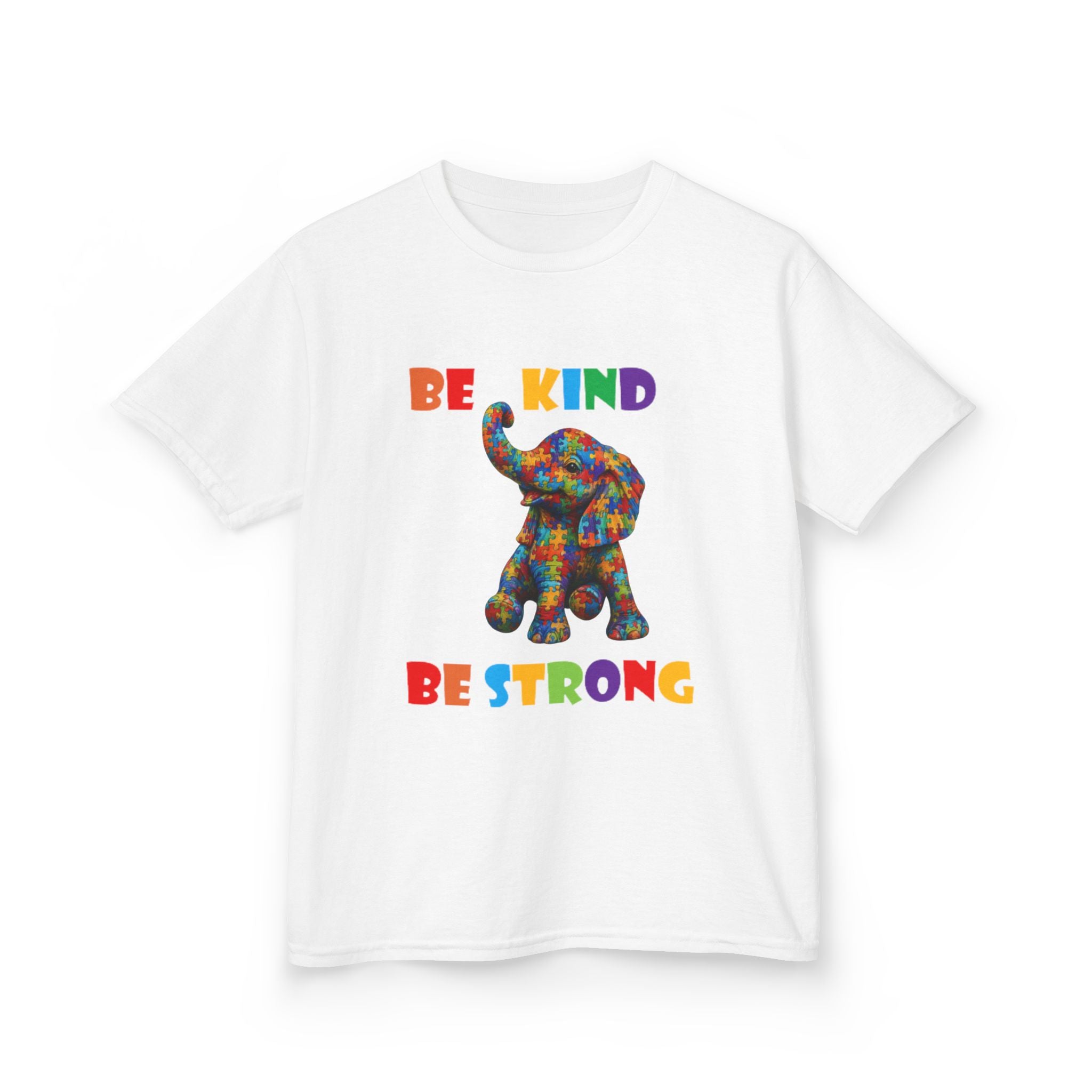 Colorful Patchwork Elephant Be Kind Be Strong Kids Tee | Rainbow Animal Shirt