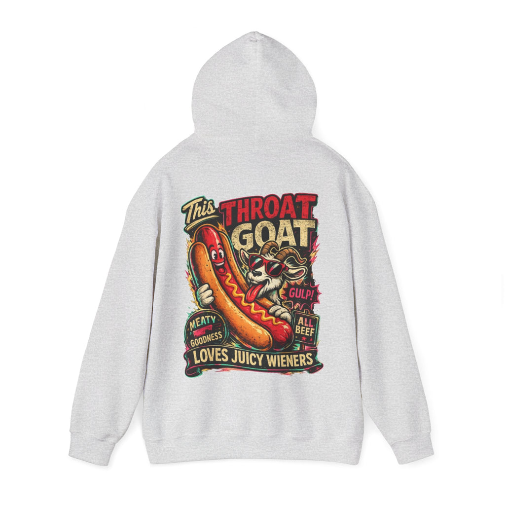 Hot Dog Goat Adult Hoodie - "This Throat Goat Loves Juicy Wieners" Graphic Hooded Sweatshirt