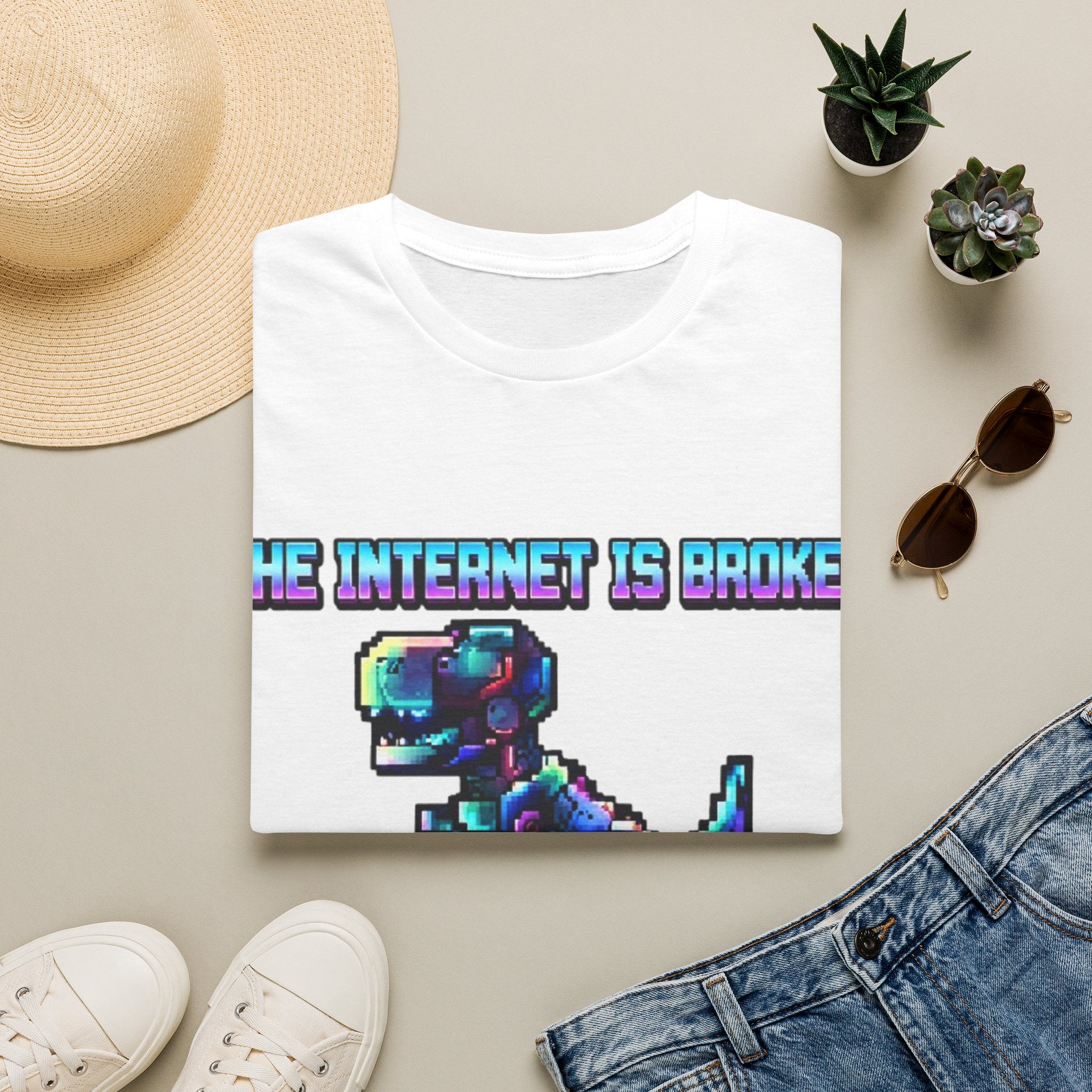 Internet Is Broke Adult  T-Shirt — Retro Pixel Dino "So Am I" Graphic Tee