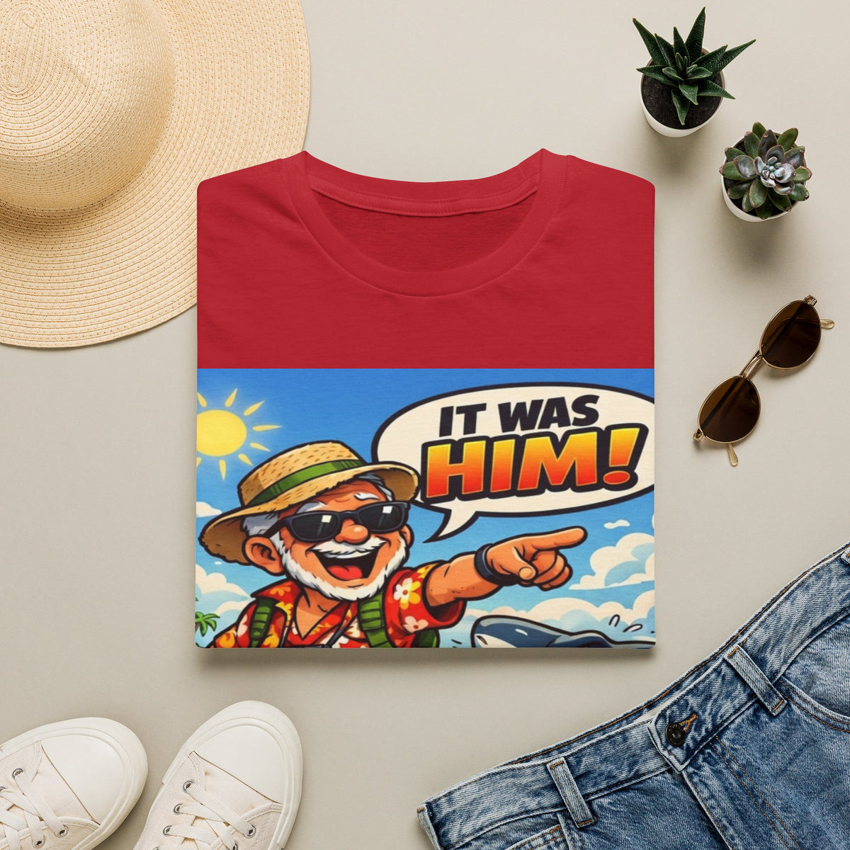 Adult T-Shirt — Retro Vacation Shark 'It Was Him!' Graphic Tee