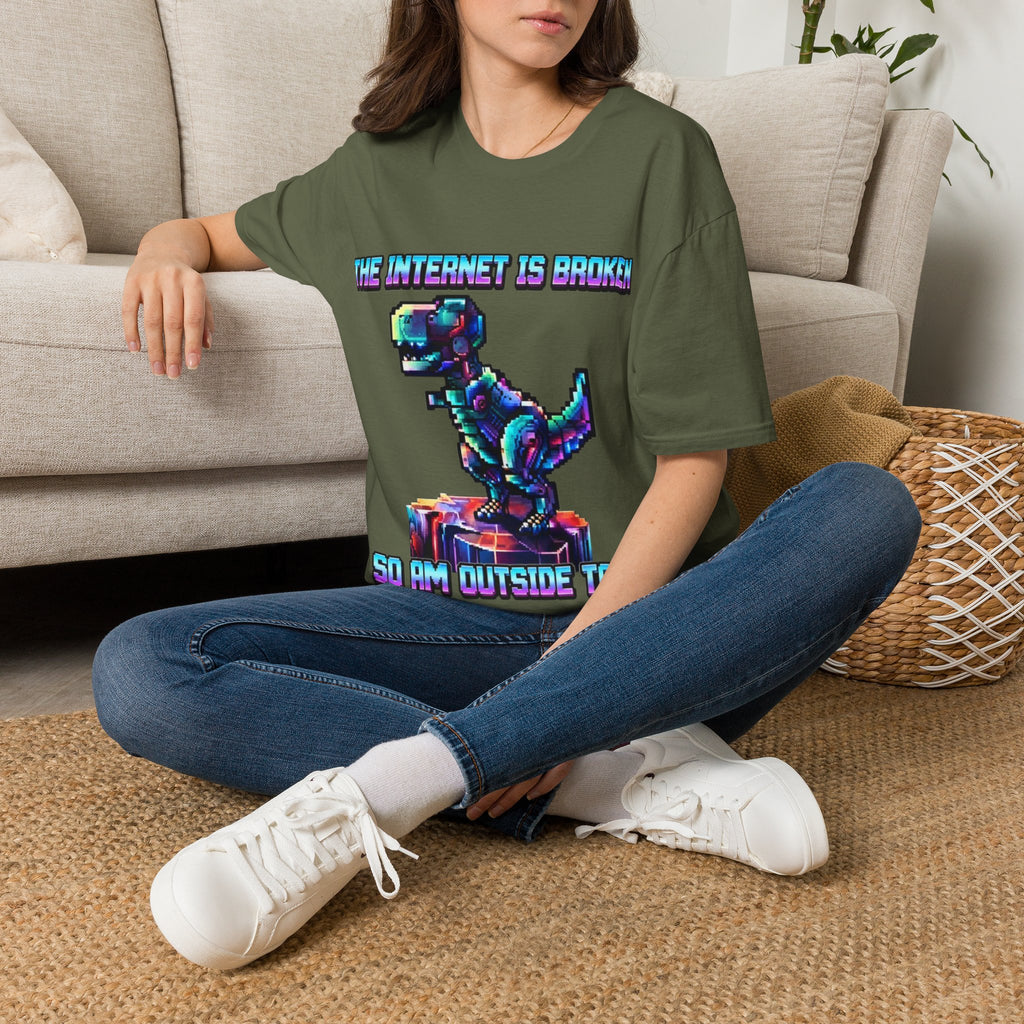 Internet Is Broke Adult  T-Shirt — Retro Pixel Dino "So Am I" Graphic Tee