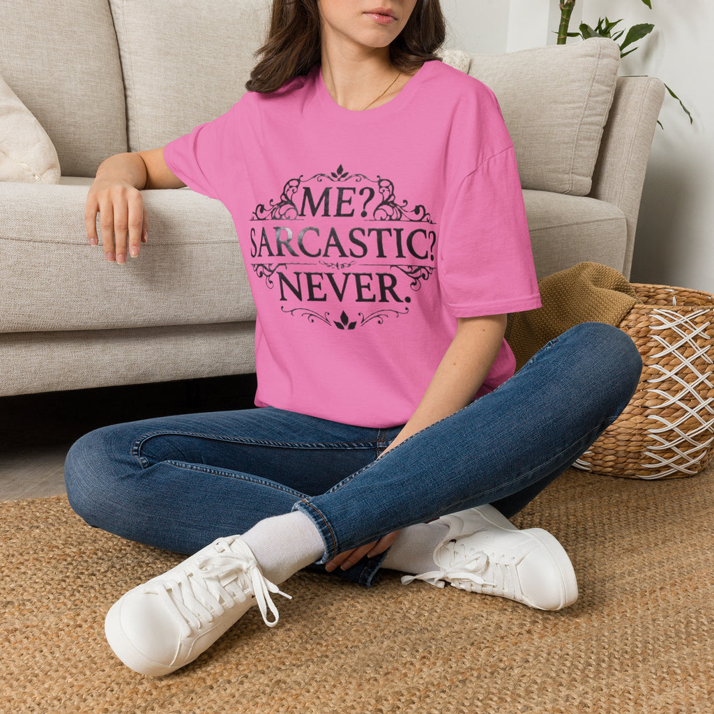 Sarcastic Adult Tee — "Me? Sarcastic? Never." Vintage Ornate Graphic T-Shirt