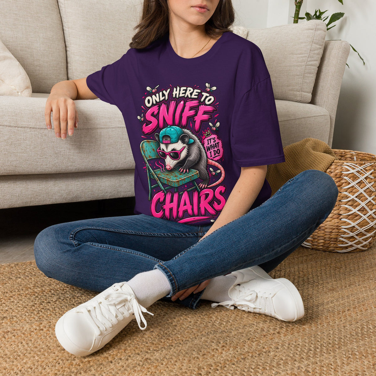 Adult T-Shirt — "Only Here to Sniff Chairs" Cute Ferret Graphic Tee