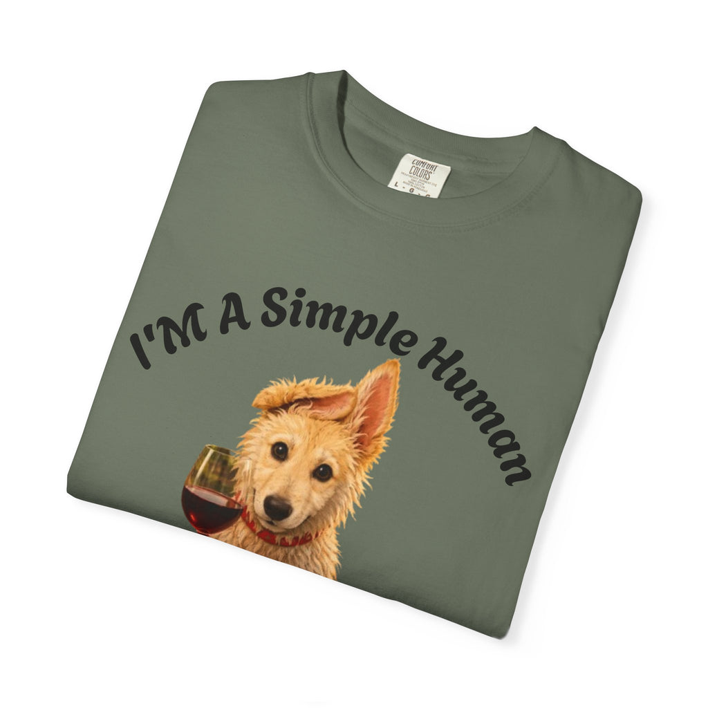 Adult T-Shirt — "I'm A Simple Human I Like Wine And Dogs" Cute Dog & Wine Graphic Tee