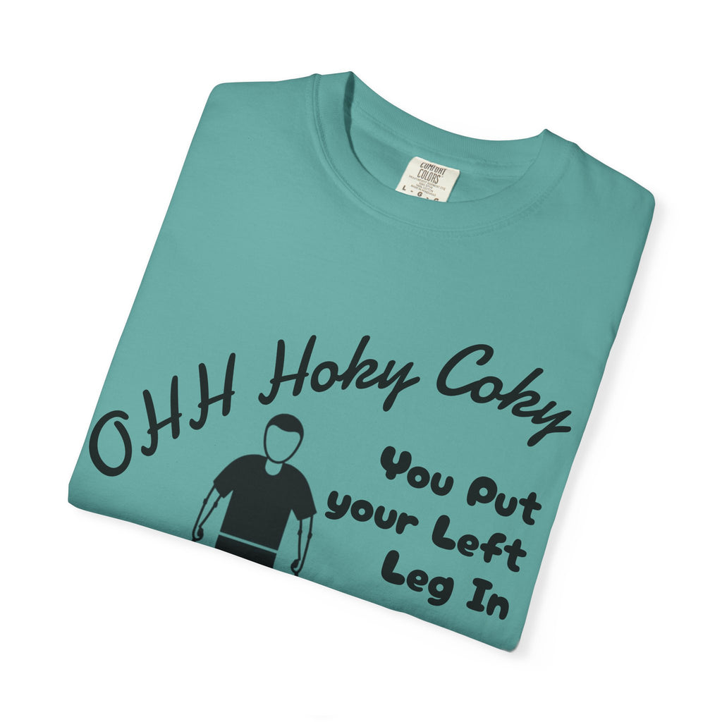 Ohh Hokey Cokey Prosthetic Leg Adult T-Shirt — "You Put Your Left Leg In, Ohh Crap" Funny Disability Humor Tee