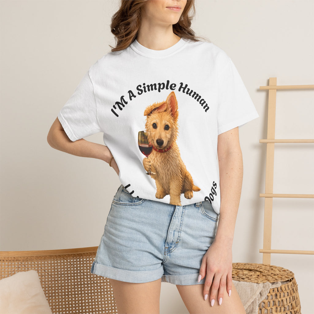 Adult T-Shirt — "I'm A Simple Human I Like Wine And Dogs" Cute Dog & Wine Graphic Tee