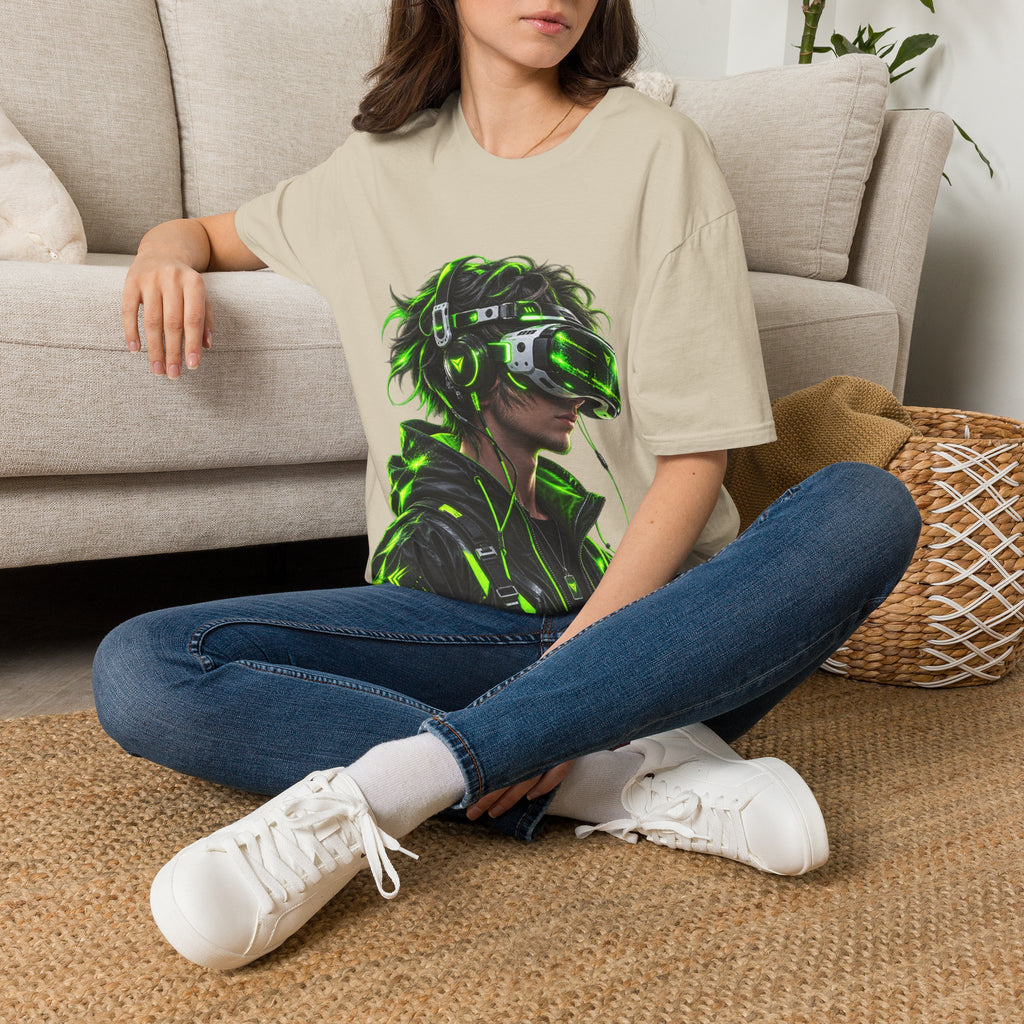 Cyberpunk VR Gamer Adult T-Shirt — Neon Green Virtual Reality Jacket Design
