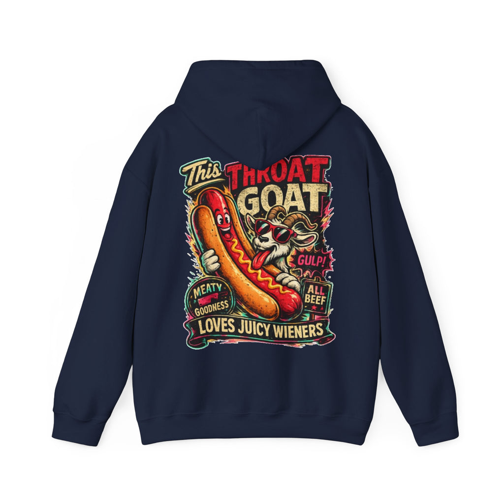 Hot Dog Goat Adult Hoodie - "This Throat Goat Loves Juicy Wieners" Graphic Hooded Sweatshirt