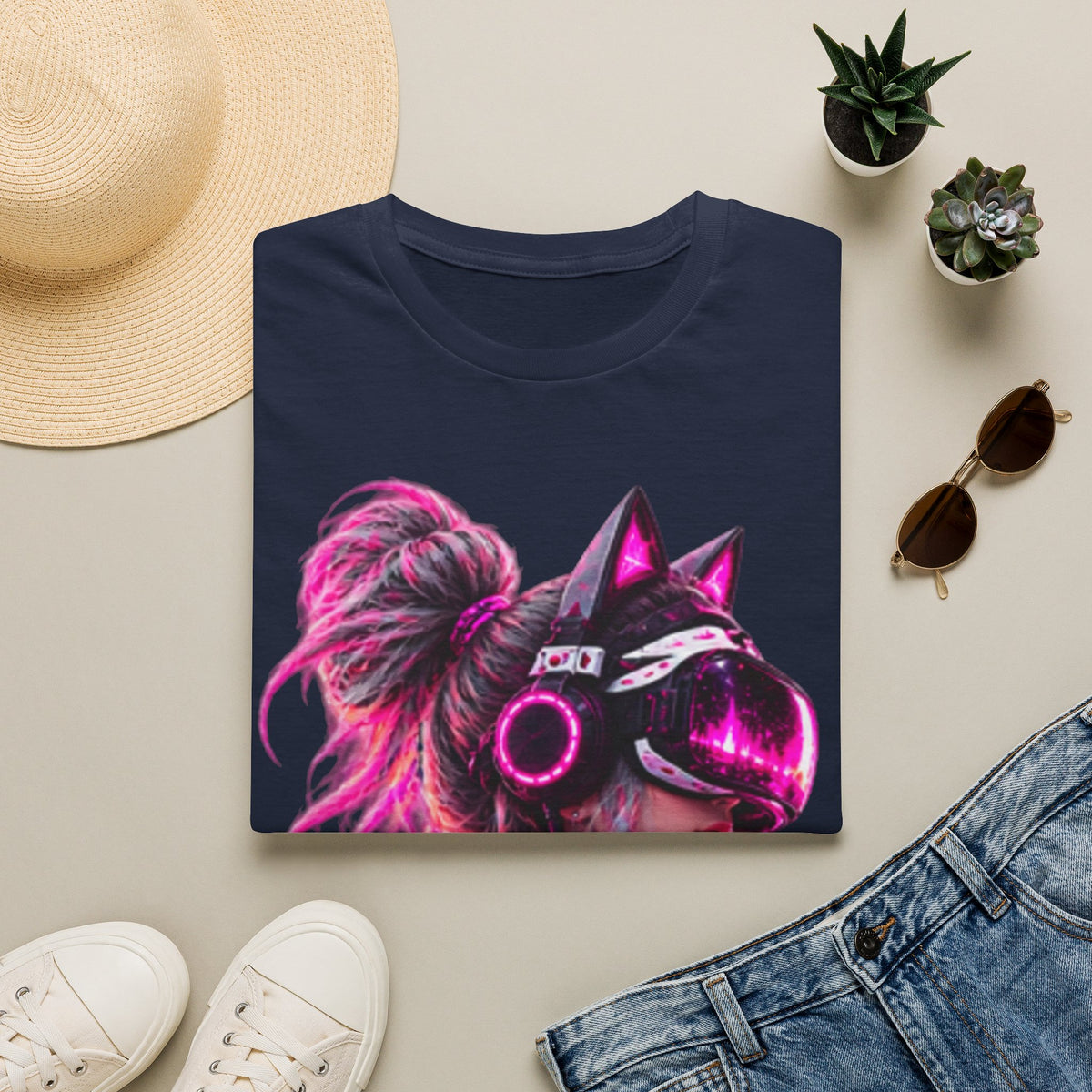 Cat VR Gamer Adult T‑Shirt — Neon Pink Cyberpunk Kitty Gamer Tee