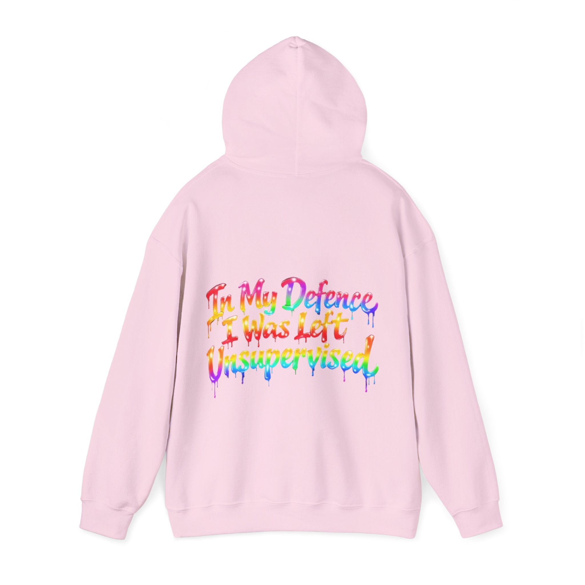 Adult Hoodie — "In My Defence I Was Left Unsupervised" Colorful Drip Graphic