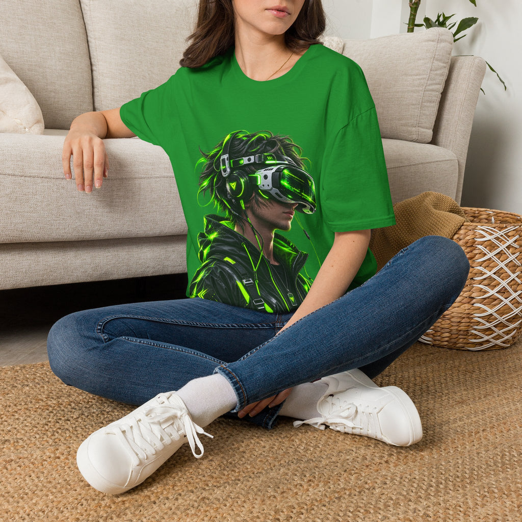 Cyberpunk VR Gamer Adult T-Shirt — Neon Green Virtual Reality Jacket Design
