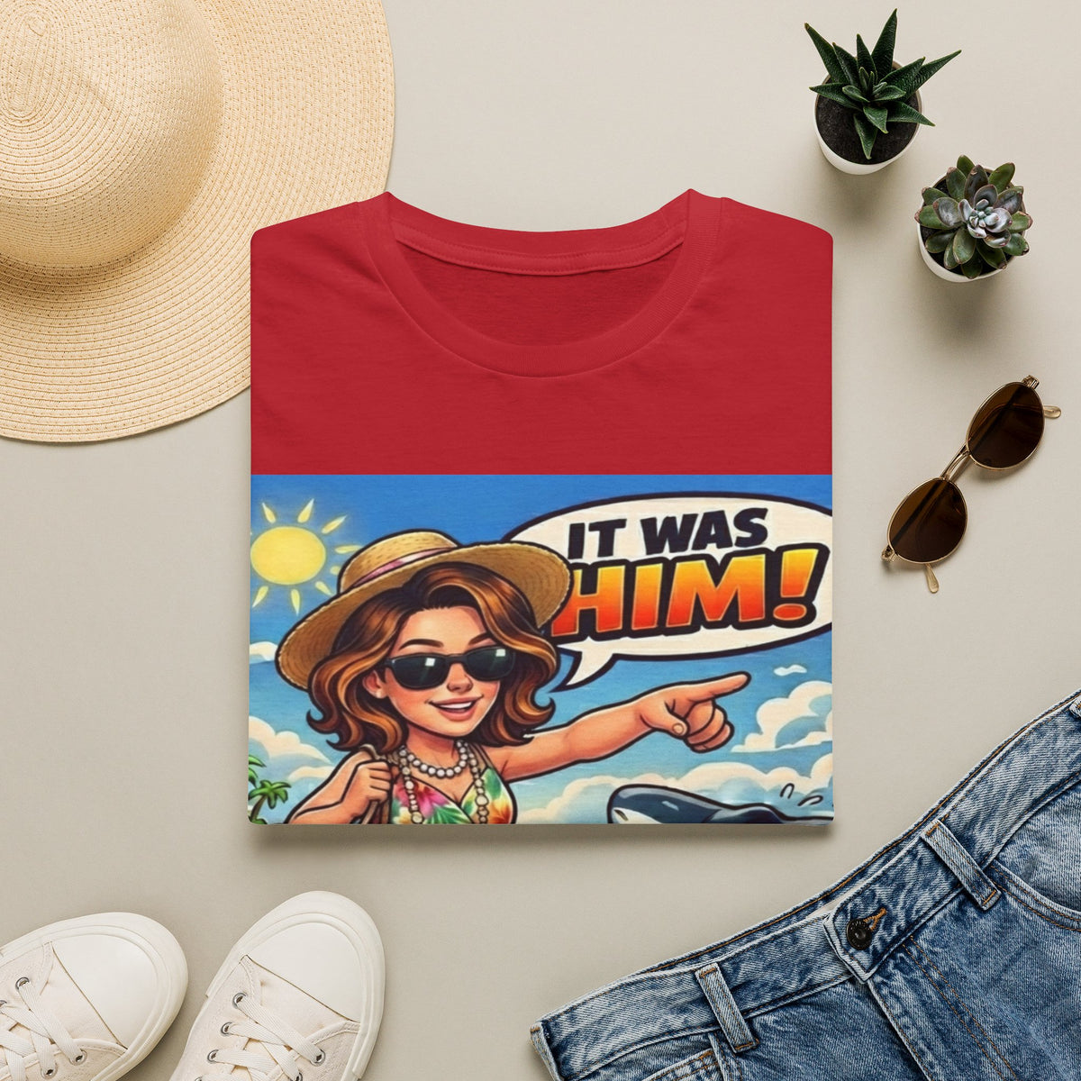 Adult T-Shirt — 'It Was Him!' Beach Shark Graphic Tee